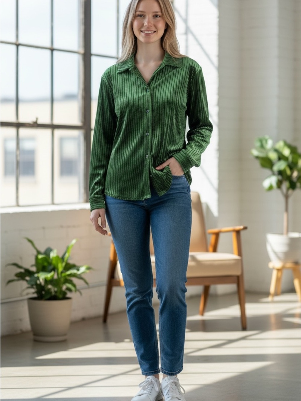House of Harlow 1960 Emerald Green Ribbed Button-Down Shirt